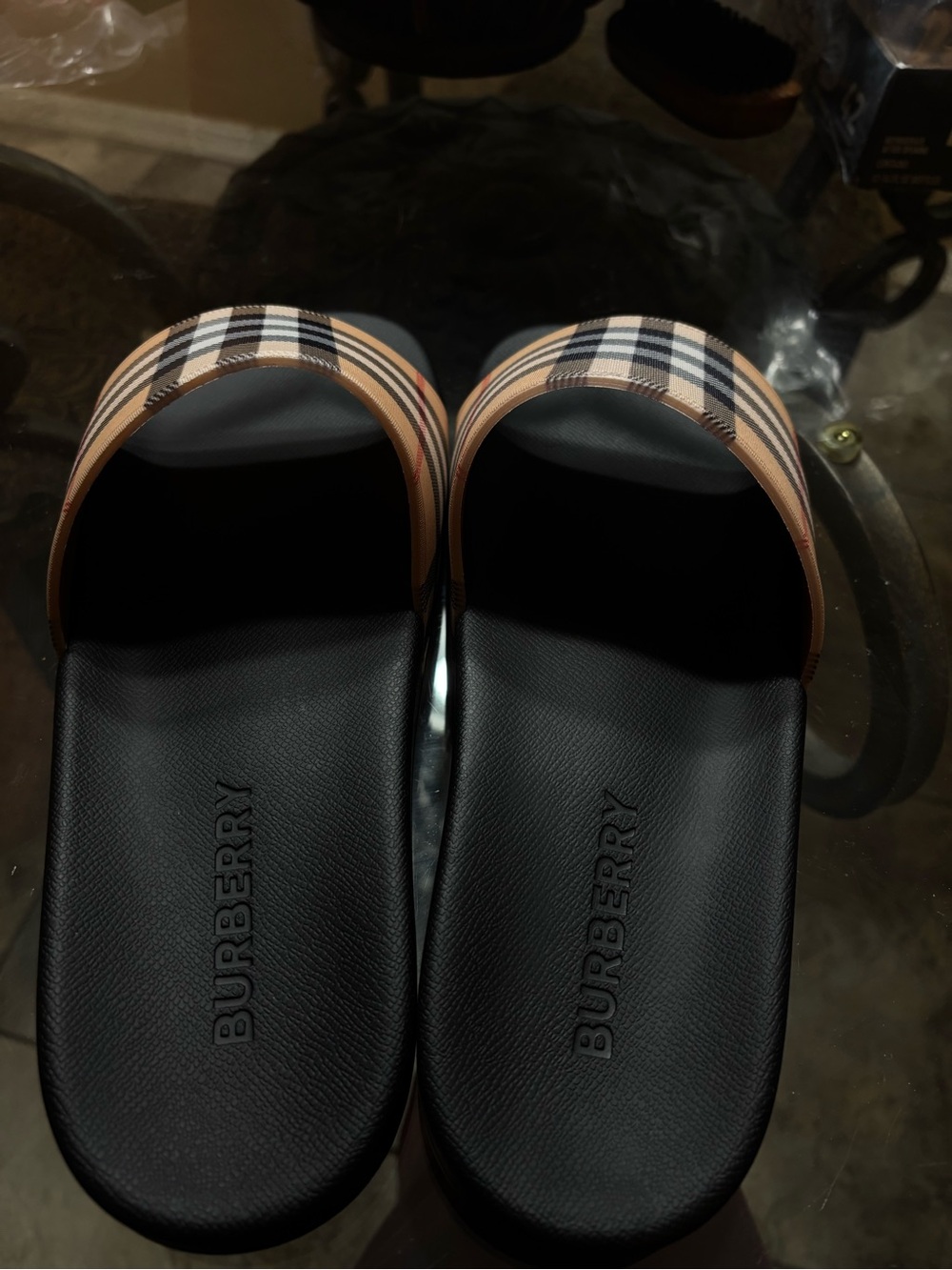 Burberry Black Footbed Plaid Strap Slide Sandals